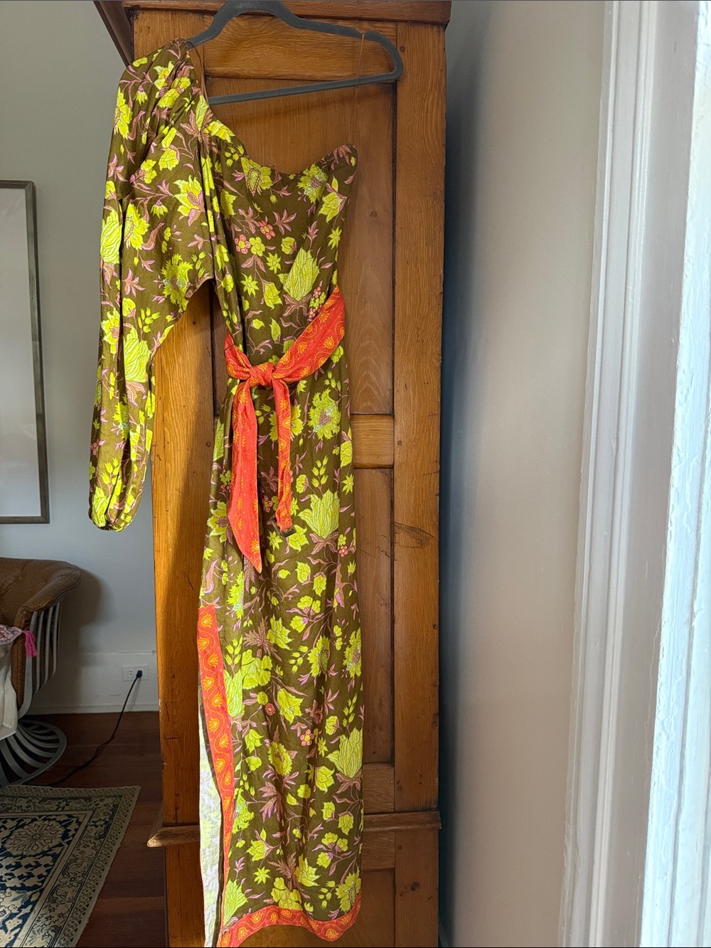 Boteh (Australian Designer) 1-Shoulder Floral Maxi Dress with Orange Lotus Belt